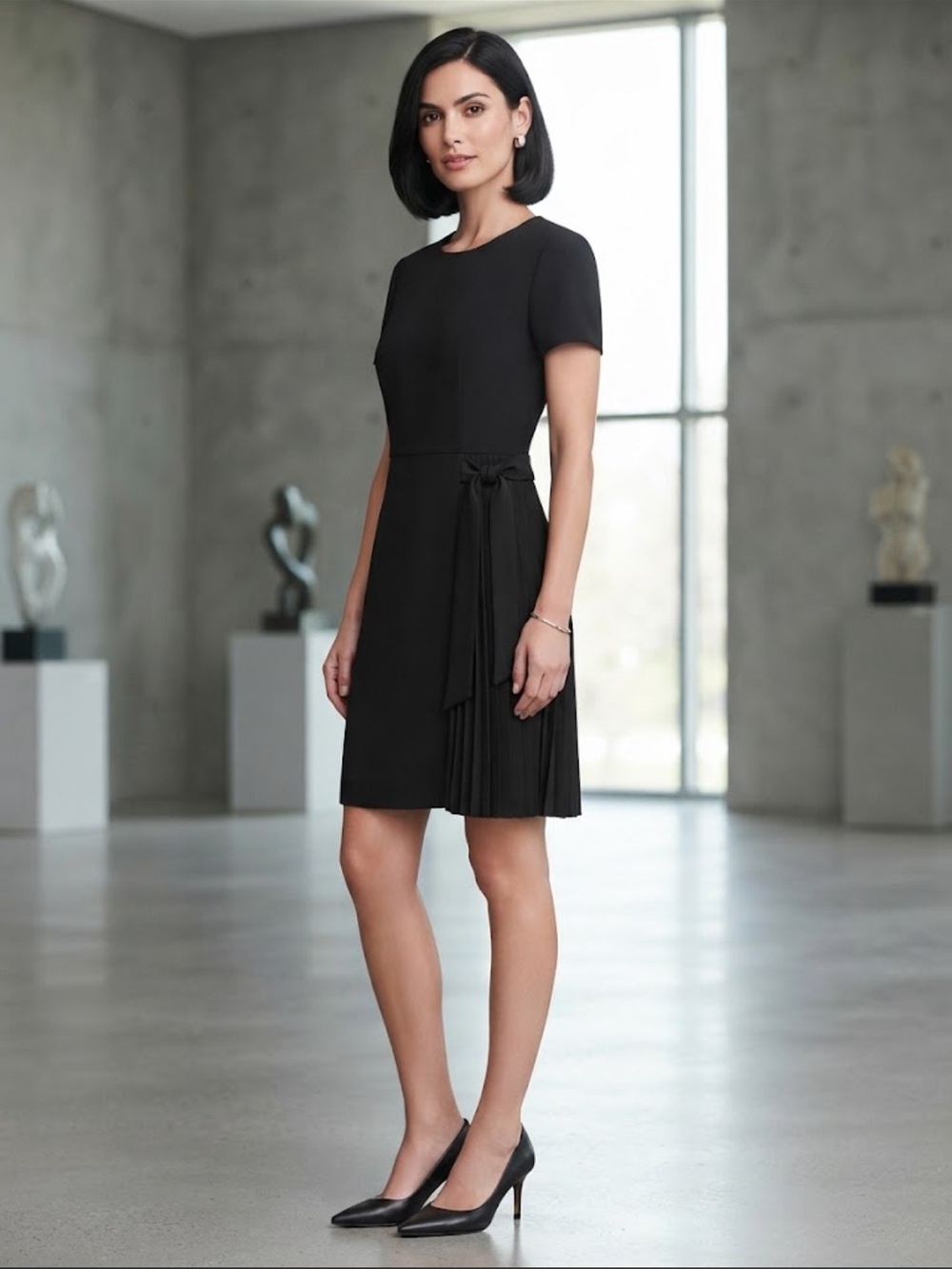 Calvin Klein Black Short Sleeve Pleated Wrap-Accented Sheath Dress Size 4